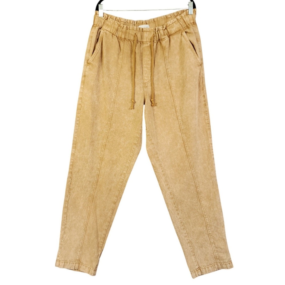 Loft Womens High Rise Pull On Tapered Drawstring Pants Size Large Tan Acid Wash